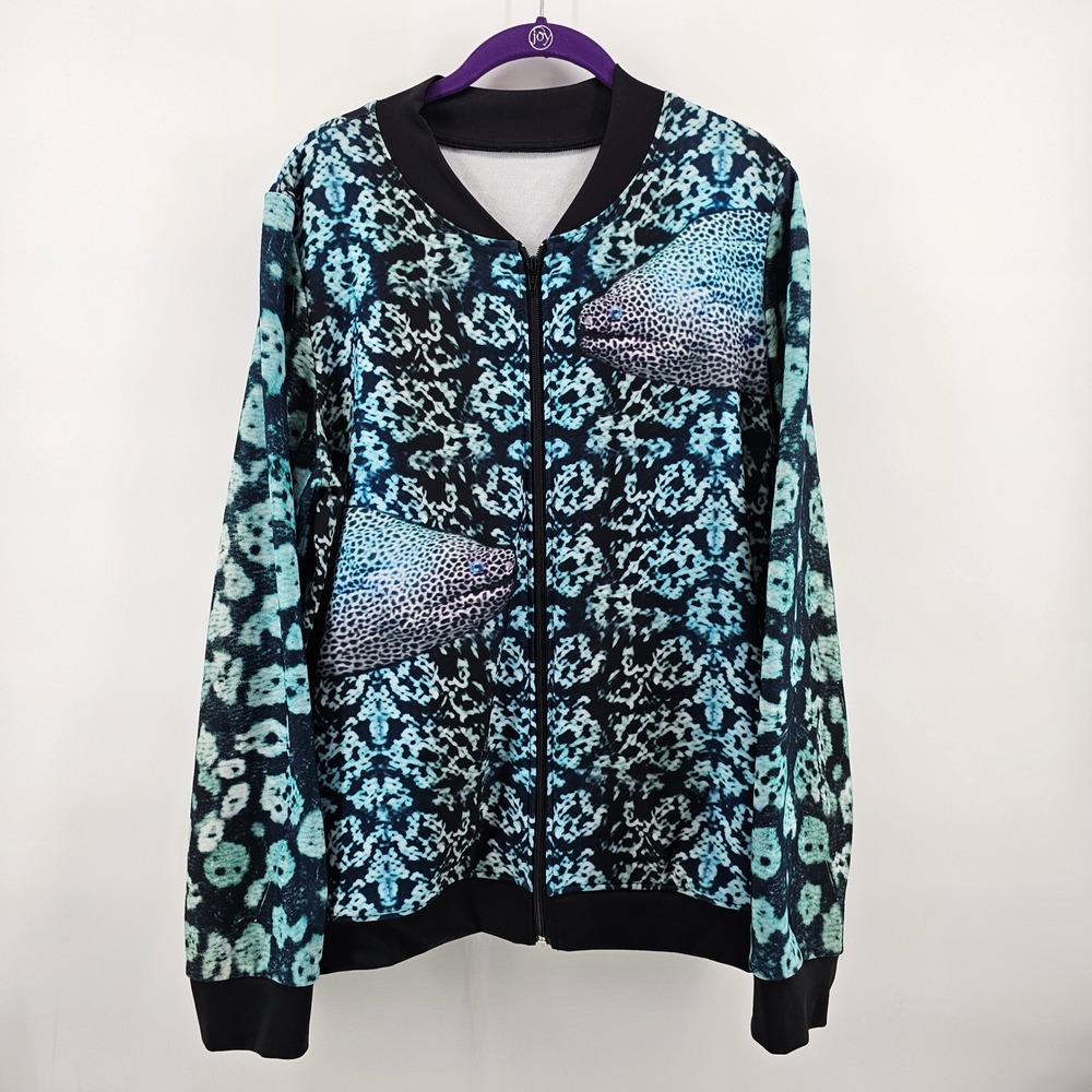 BlackMilk Bomber Jacket Women XL Blue Moray Eel Graphic Print Zip Up Australia